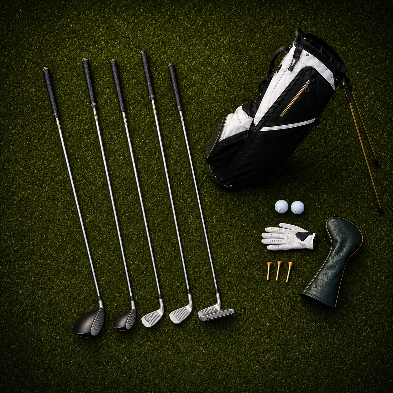 Golf clubs, bag, balls, glove, and tees arranged on grass